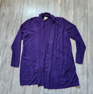 Chicos Silk Blend Open Front Cardigan Purple Long Sleeve Knit Ribbed Sz 2